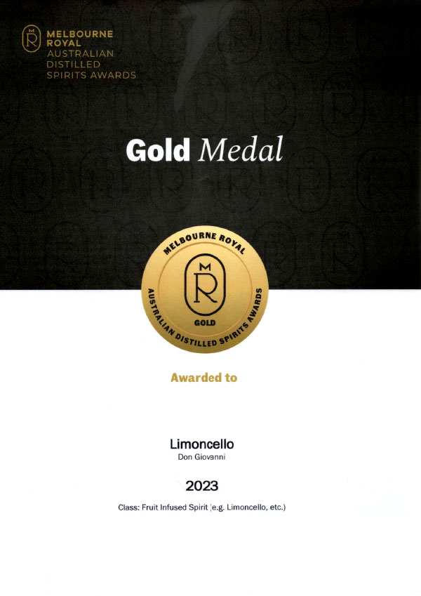 Medal Certificates 2023-Limoncello Melbourne Royal Australian Distilled Spirits Awards - Medal Certificates 2023 - Limoncello - Gold